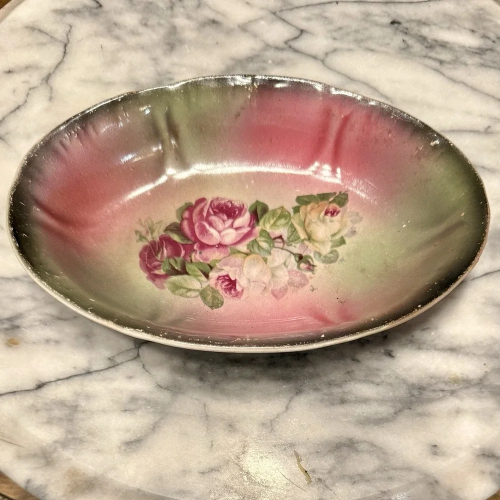 VTG Antique Trinket Relish Dish Porcelain Hand Painted Roses Flowers Germany 6